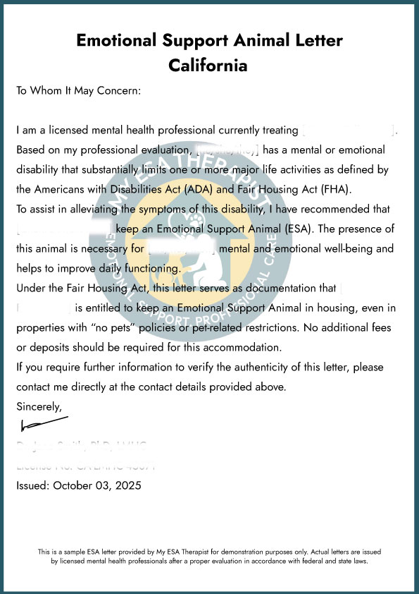 ESA Letter Sample California